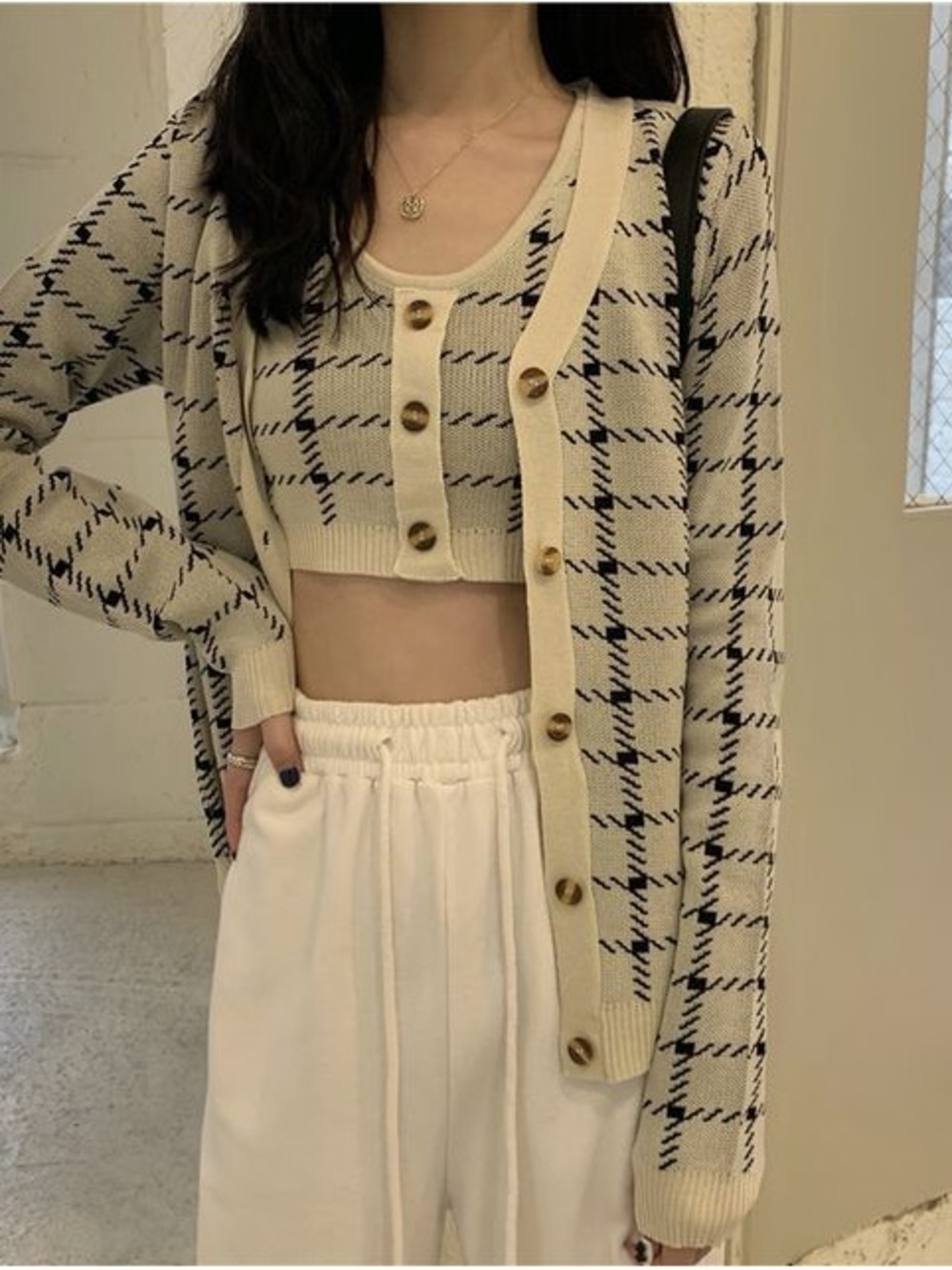 YesStyle Cream and Black Checked Knit Cardigan